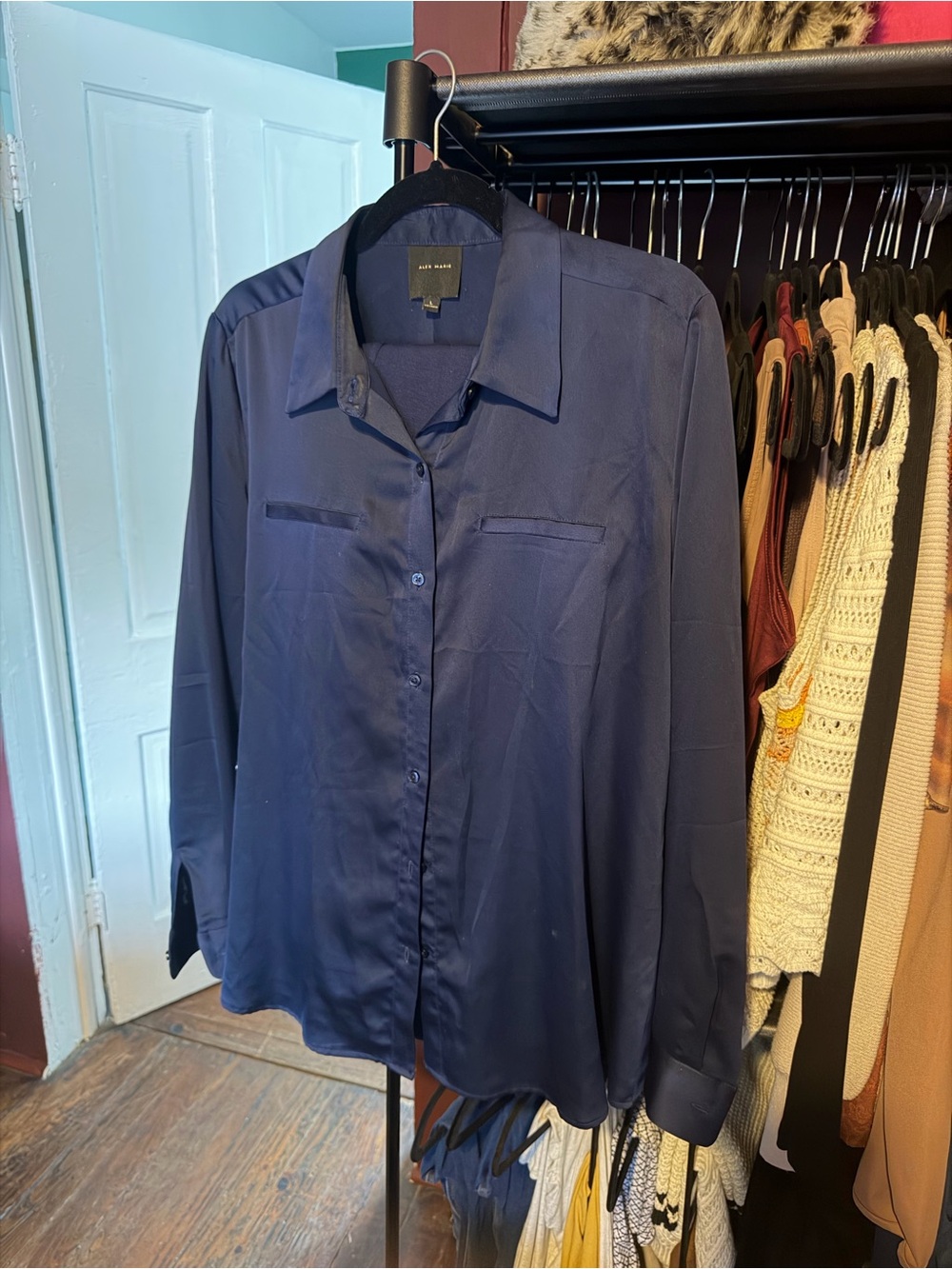 Alex Marie Navy Long-Sleeve Silk-Look Button Down Shirt